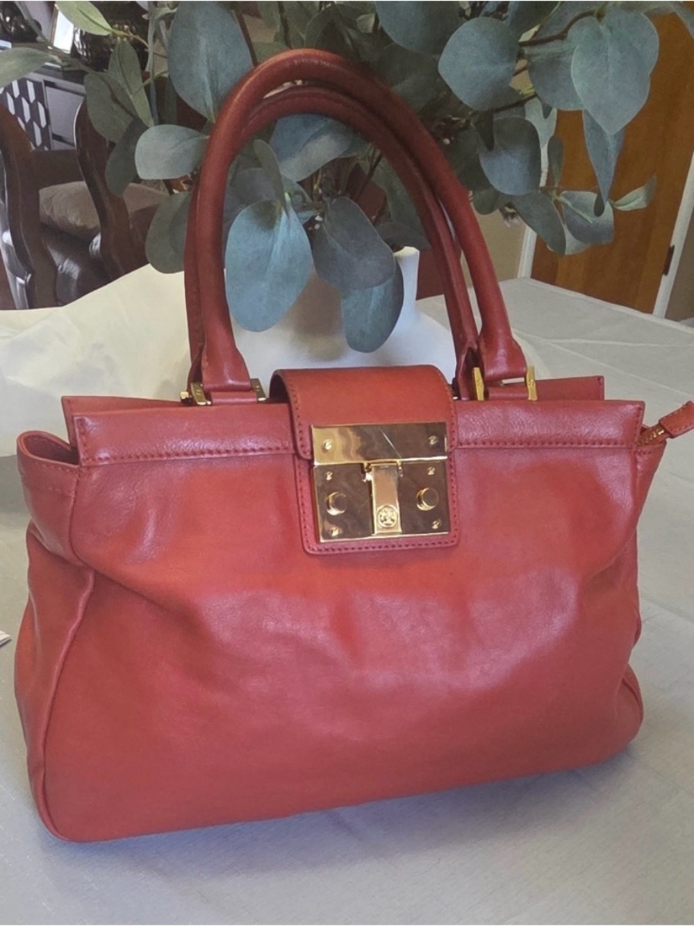 Tory Burch Structured Red Leather Satchel Handbag